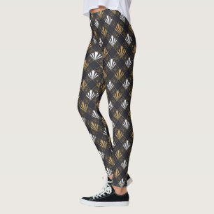 Moderne Art Deco Zwarte, Witte En Gouden Waaiers L Leggings