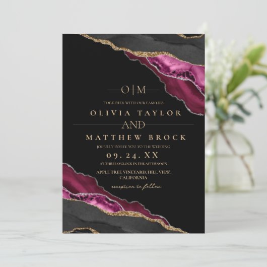 Moderne Art Maroon Zwart Gouden Agaat Trouwen Kaart (Staand voorkant)