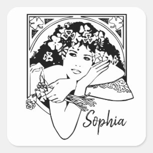Moderne Art nouveau stijl shamrock meisje zwart wi Vierkante Sticker