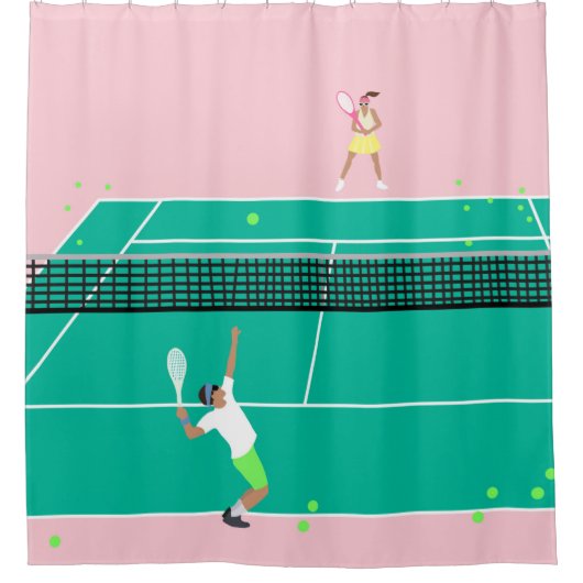 Moderne Art Tennis Match Player roze Groen Douchegordijn (Voorkant)
