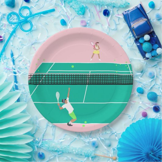 Moderne Art Tennis Match Player roze Groen Papieren Bordje (Feest)