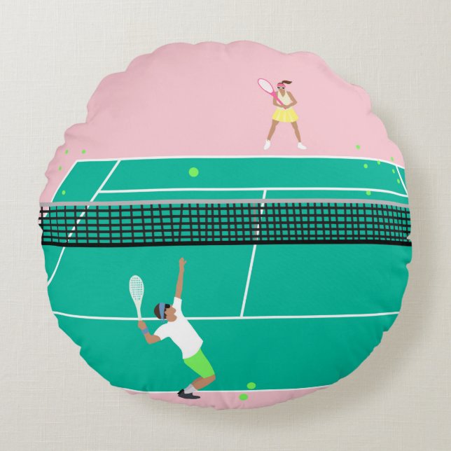 Moderne Art Tennis Match Player roze Groen Rond Kussen (Voorkant)