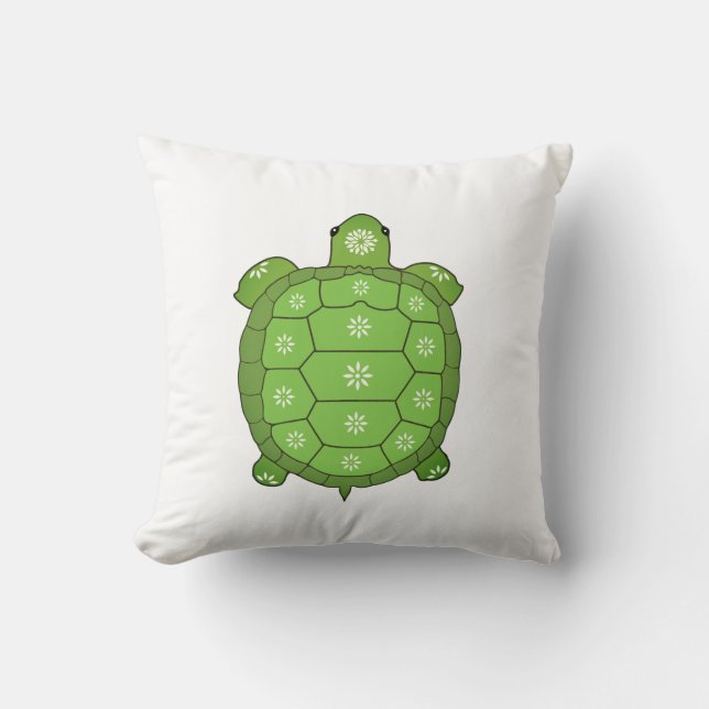 Moderne Artistieke Groene Schildpad op Wit Kussen (Voorkant)