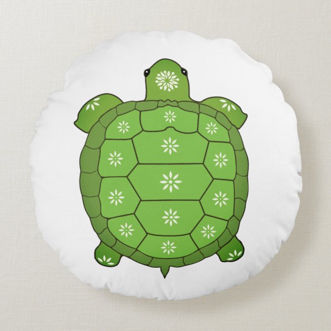 Moderne Artistieke Groene Tortoise op White Rond Kussen (Voorkant)