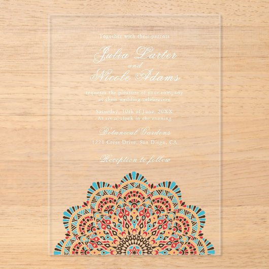 Moderne Artistieke Motief Stijl Mandala bruiloft Acryl Uitnodigingen (Voorkant)