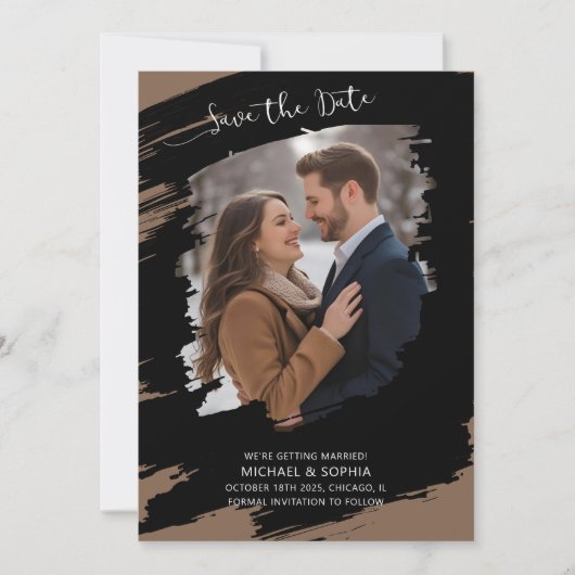 Moderne Artistieke Save the Date Zwart Bruin Uniek (Voorkant)