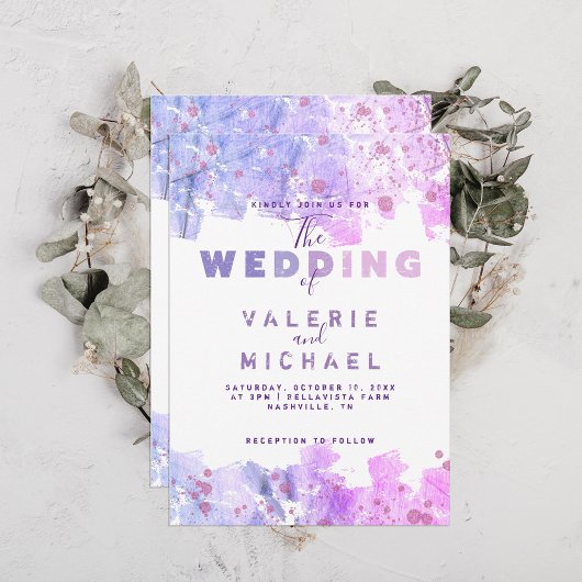 Moderne artistieke zwendel roze en Paarse bruiloft Kaart