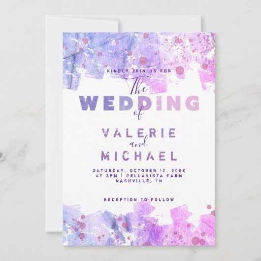 Moderne artistieke zwendel roze en Paarse bruiloft Kaart (Voorkant)