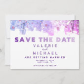 Moderne artistieke zwendel roze en Paarse bruiloft Save The Date (Voorkant)