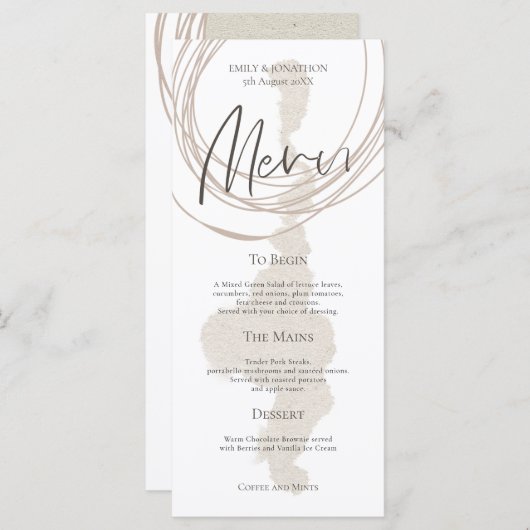 Moderne Arty Circulaire Lijnen Vorm Beige Bruiloft Menu (Voorkant / Achterkant)