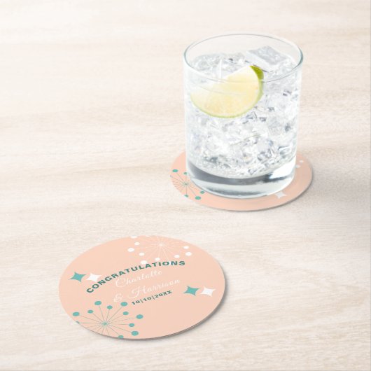 Moderne atoomstartbruiloft midden eeuw ronde kartonnen onderzetter (Insitu)