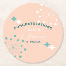 Moderne atoomstartbruiloft midden eeuw ronde kartonnen onderzetter