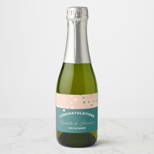 Moderne atoomstartbruiloft midden eeuw sparkling wijnetiket (Voorkant)