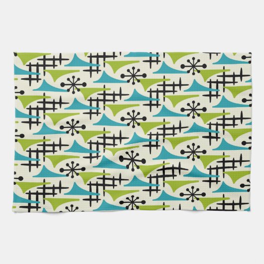 Moderne atoomtijdpatroon uit het midden van de eeu theedoek (Horizontaal)