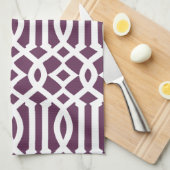 Moderne Aubergine Paarse en Witte Trellis Patroon Theedoek (Quarter Fold)