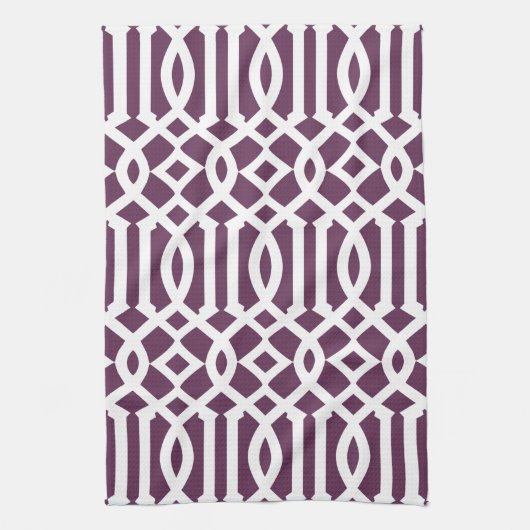 Moderne Aubergine Paarse en Witte Trellis Patroon Theedoek (Verticaal)