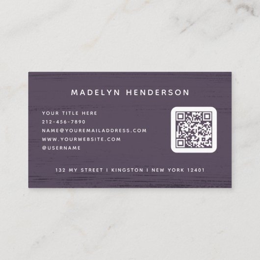 Moderne aubergine Paarse penseelstreken QR-code Visitekaartje (Achterkant)