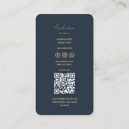 Moderne Audioloog Gehoorapparaat Donkerblauw Visitekaartje (Achterkant)