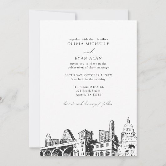 Moderne Austin Skyline Zwart & Wit Bruiloft Kaart (Voorkant)