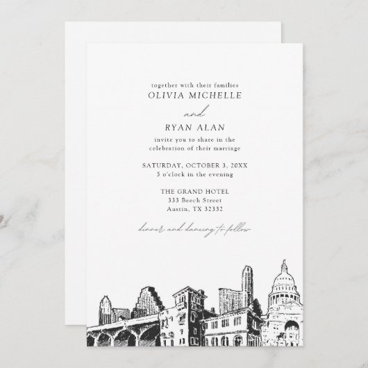 Moderne Austin Skyline Zwart & Wit Bruiloft Kaart (Voorkant / Achterkant)