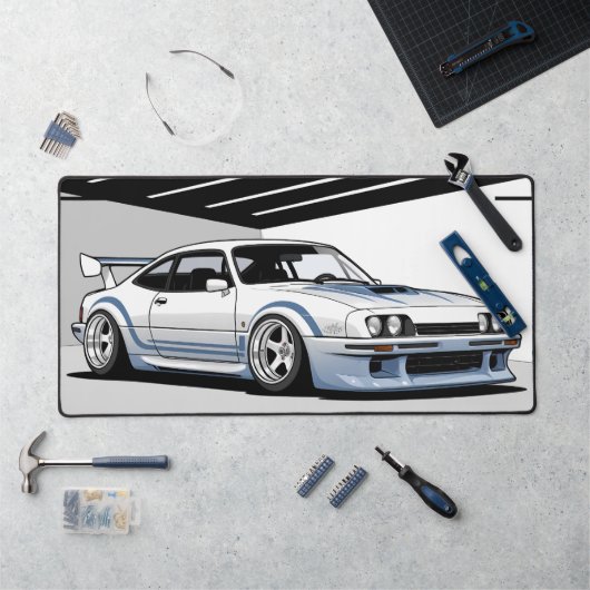 Moderne auto cultuur, witte auto blauwe strepen bureaumat (Werkstation)