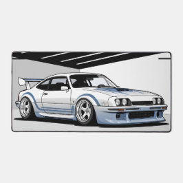 Moderne auto cultuur, witte auto blauwe strepen bureaumat