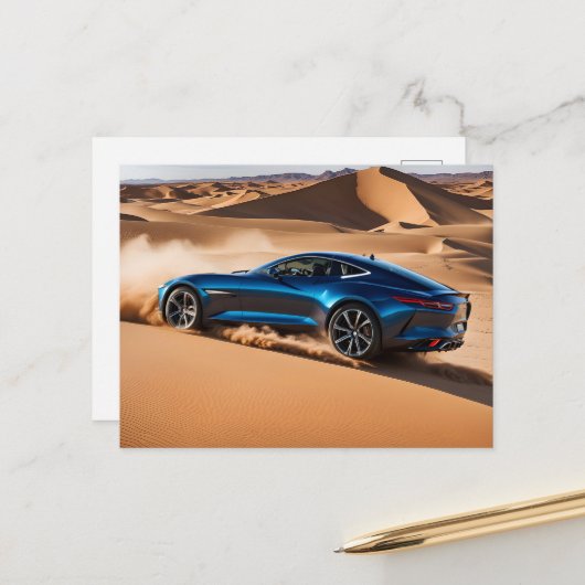 Moderne auto in de woestijn briefkaart (Voorkant / Achterkant in situ)