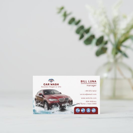 Moderne auto was | Witte maroon Visitekaartje (Staand voorkant)