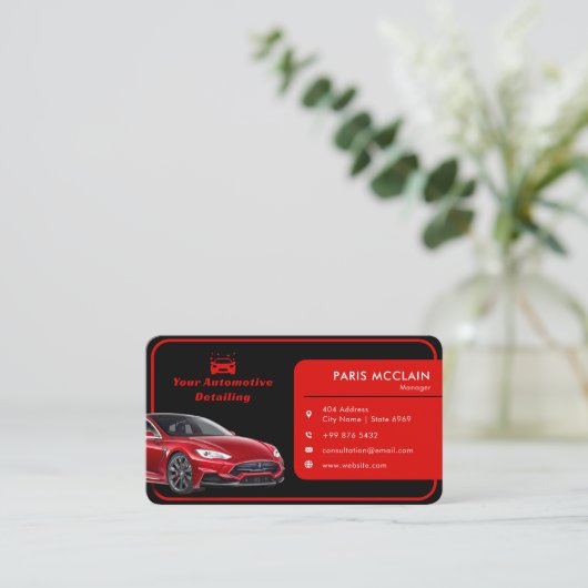 Moderne autogegevens | Rood zwart Visitekaartje (Staand voorkant)