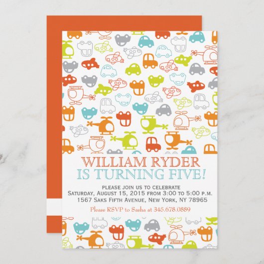 Moderne auto's, vliegtuigen en helikopters, uitnod kaart (Voorkant / Achterkant)