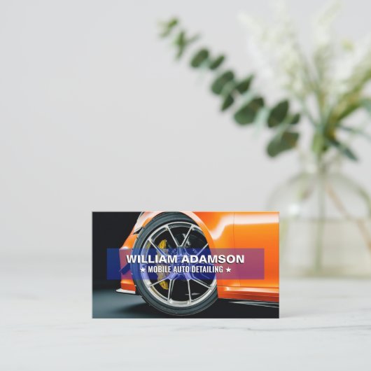 Moderne autoverzorging, autoverkoop, coole autodet visitekaartje (Staand voorkant)