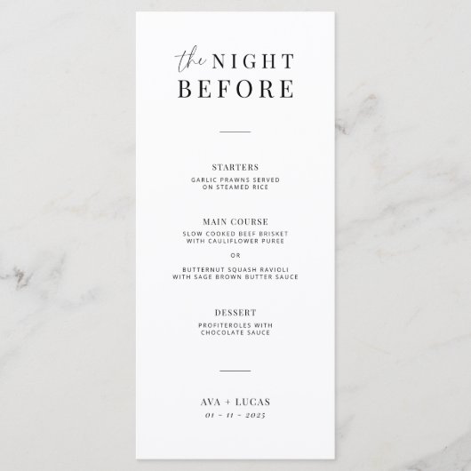 Moderne avond voor het repetitie diner van de brui menu (Voorkant)