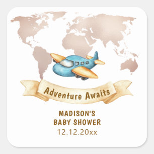 Moderne Avonturen Wereldkaart Vliegtuig Baby Showe Vierkante Sticker