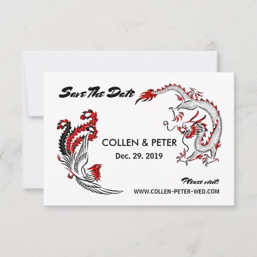 Moderne Aziatische Chinese draak-Phoenix sparen de Save The Date (Voorkant)