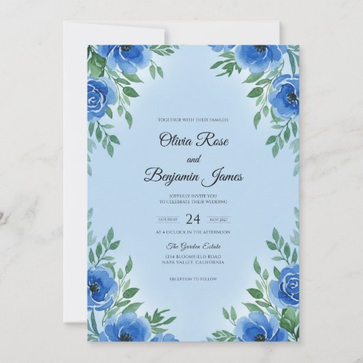 Moderne Azure Bloom Bruiloft Kaart (Voorkant)