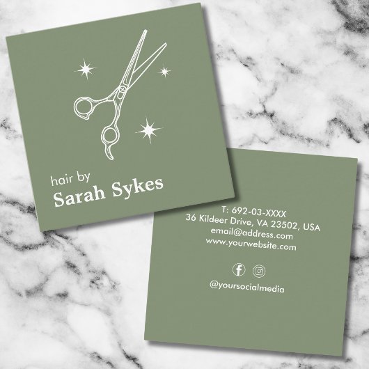 Moderne Baber Shop Schaar Haar Stylist Sage Groen Vierkante Visitekaartje