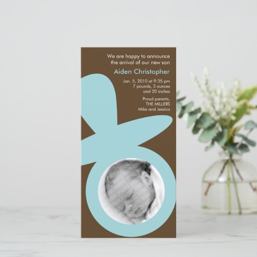 Moderne baby aankondiging - Blauwe fopspeen (Staand voorkant)