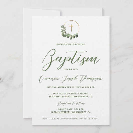 Moderne Baby Baptisme Wreater Gold Cross Green Mot Kaart (Voorkant)