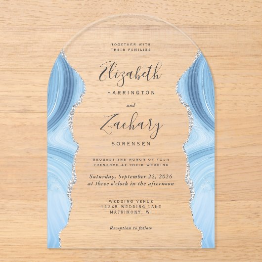 Moderne Baby Blauw Zilveren Agaat Wedding Arch Acryl Uitnodigingen (Voorkant)