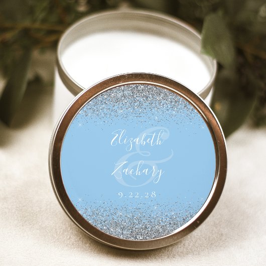 Moderne Baby Blauw Zilveren Glitter Edge Wedding Ronde Sticker