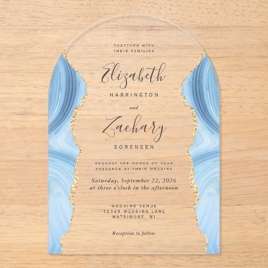 Moderne Baby Blue Gold Agaat Wedding Arch Acryl Uitnodigingen (Voorkant)