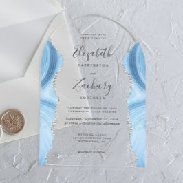 Moderne Baby Blue Zilveren Agaat Huwelijksboog Acryl Uitnodigingen