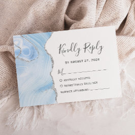Moderne Baby Blue Zilveren Waterverf Agaten Trouwk RSVP Kaartje
