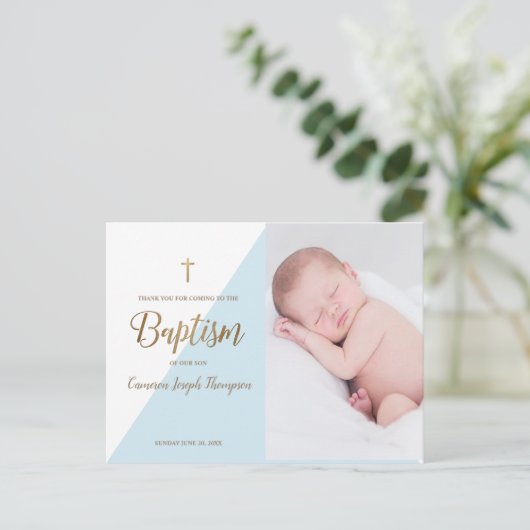 Moderne Baby Boy Blauwe Foto Dop Dank u Briefkaart (Staand voorkant)