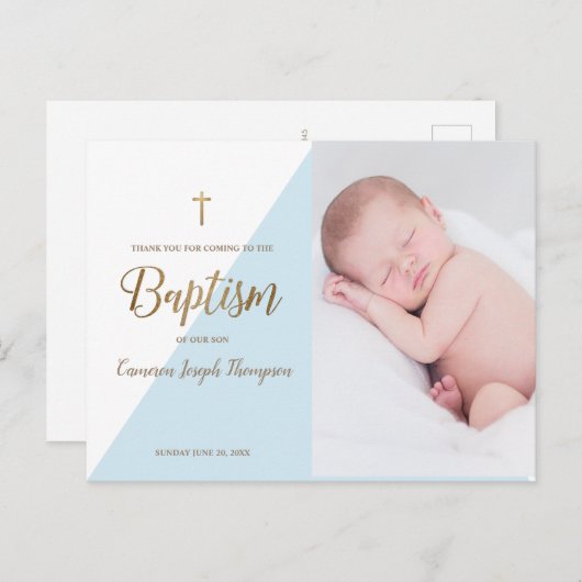 Moderne Baby Boy Blauwe Foto Dop Dank u Briefkaart (Voorkant / Achterkant)