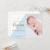 Moderne Baby Boy Blauwe Foto Dop Dank u Kaart (Voorkant / Achterkant in situ)