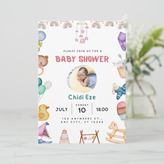 Moderne baby boy douche uitnodiging (Staand voorkant)