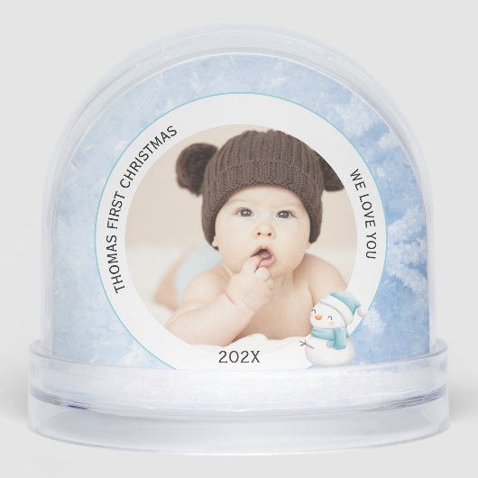 Moderne Baby Boy Eerste Kerstfoto Icy Blue Sneeuwbol (Voorkant)