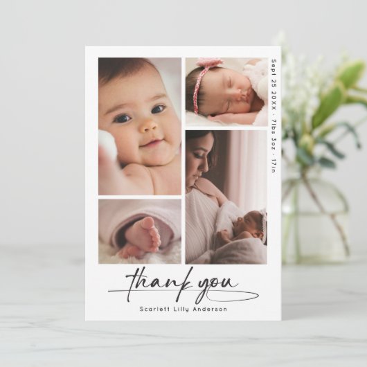 Moderne Baby Dank u Eenvoudige Script Photo Collag Bedankkaart (Staand voorkant)