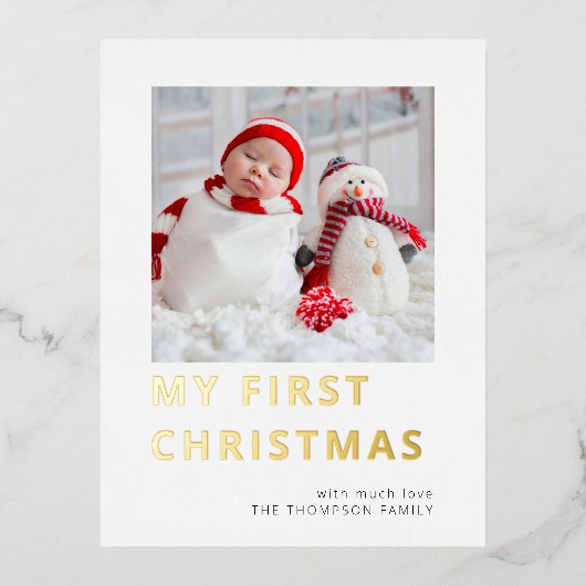 Moderne Baby eerste kerstfoto Echte Folie Feestdagen Briefkaart (Voorkant)